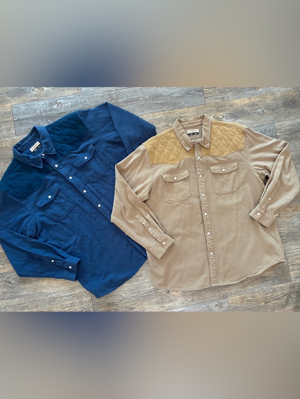 2 Magellan XL Quilted Long Sleeve Pearl Snap Button Down Shirts Tan Blue Cowboy